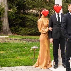 Mac Duggal Draped Glitter Fabric High Neck Puff Sleeve Trumpet Gown